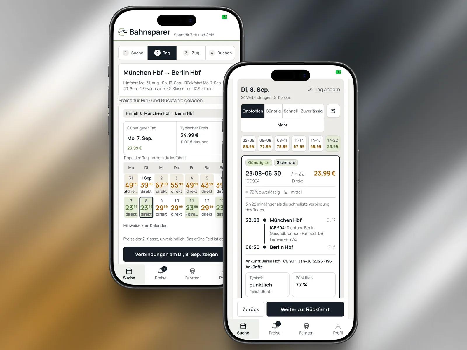 Two Bahnsparer app screens side by side: fare calendar and recommended connection