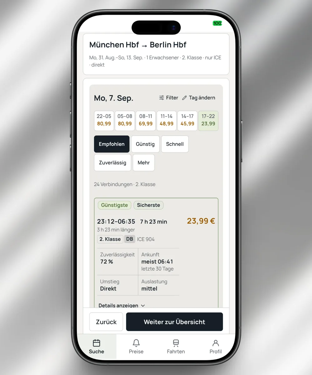 App-Ansicht: Verbindungsvergleich mit Zuverlässigkeit und typischer Ankunft