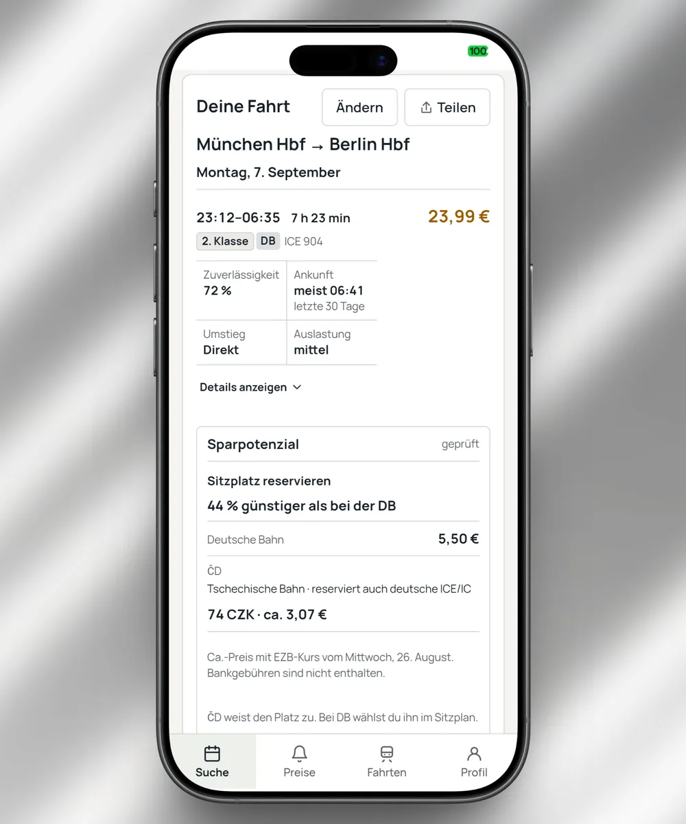 App-Ansicht: Sparpotenzial geprüft – Sitzplatz reservieren 44 % günstiger als bei der DB, ČD 74 CZK statt 5,50 €
