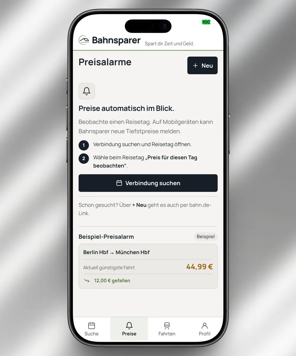 App-Ansicht: Preisalarme mit Beispiel für einen gefallenen Tiefstpreis