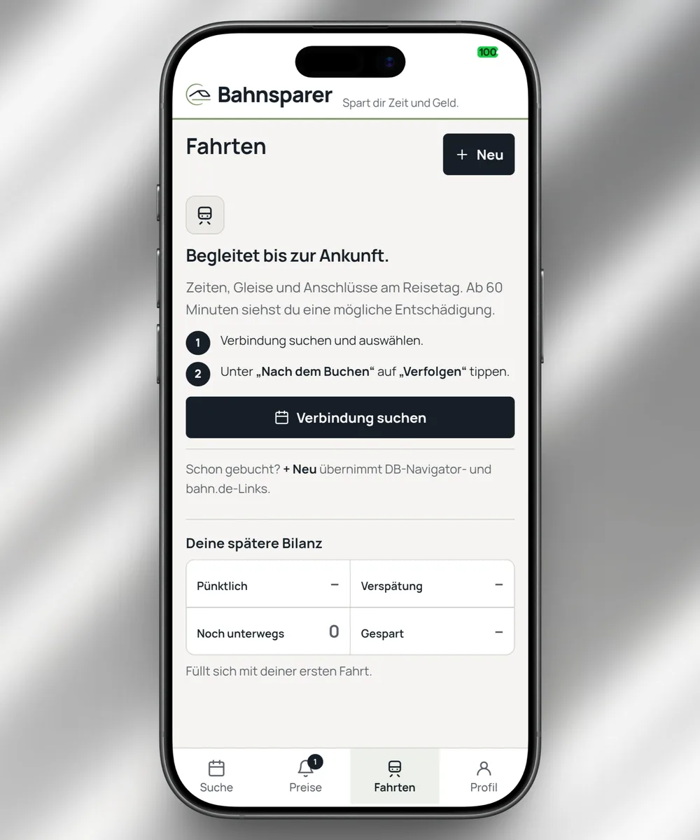 App-Ansicht: Fahrten mit späterer Bilanz aus Pünktlichkeit und Ersparnis