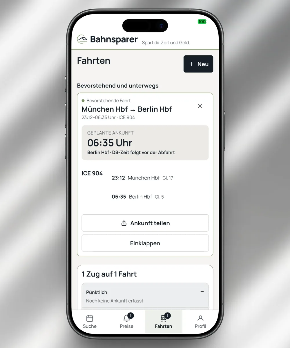 App-Ansicht: verfolgte Fahrt München – Berlin mit geplanter Ankunft und Gleisen