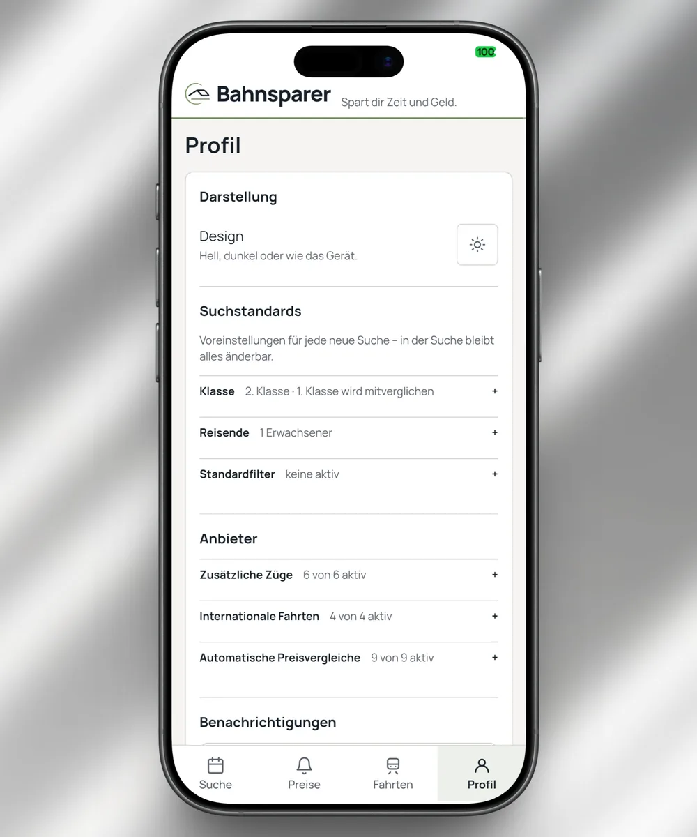 App-Ansicht: Profil mit Suchstandards, Anbietern und Benachrichtigungen