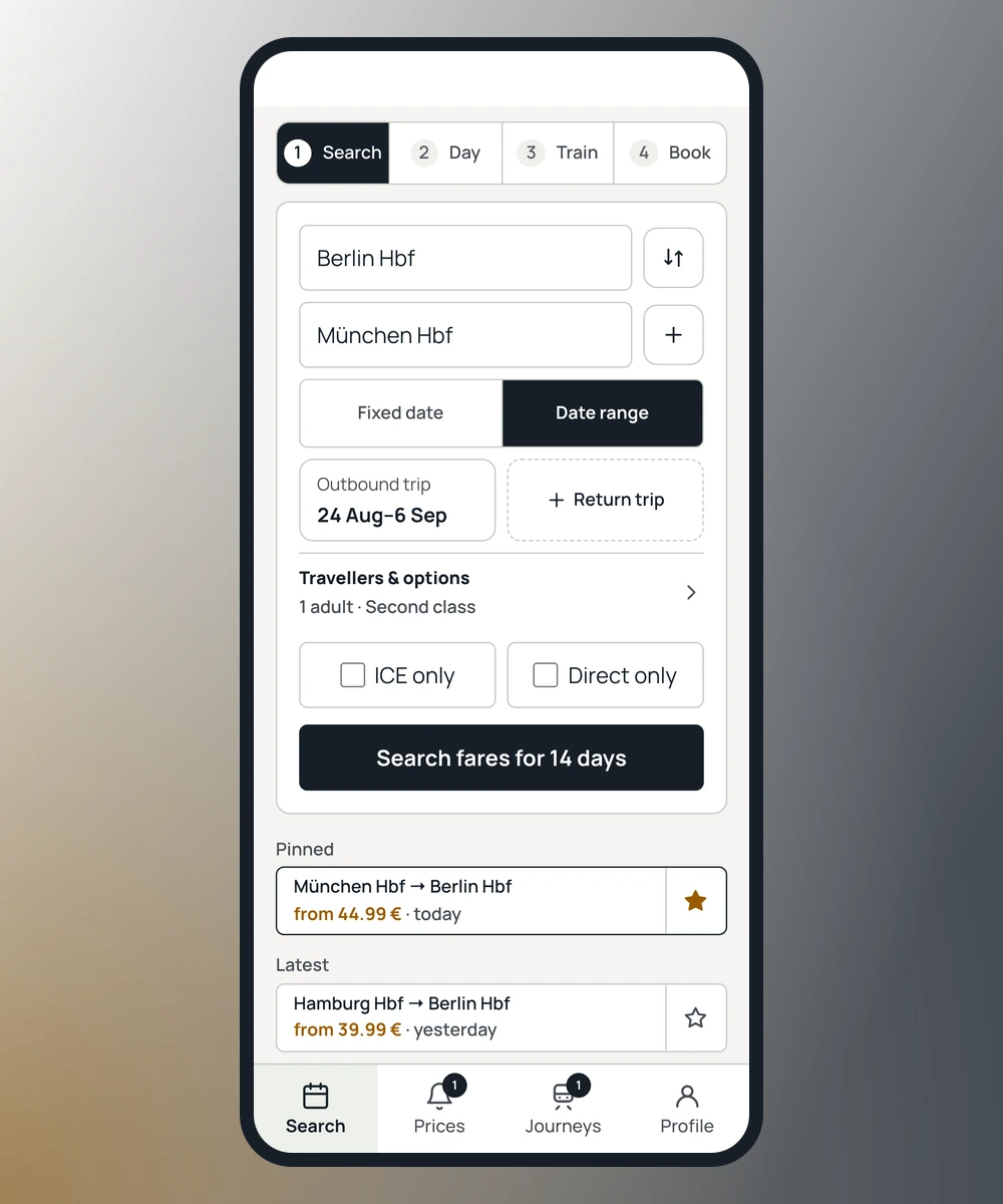 Bahnsparer app: a flexible-date search from Berlin to Munich
