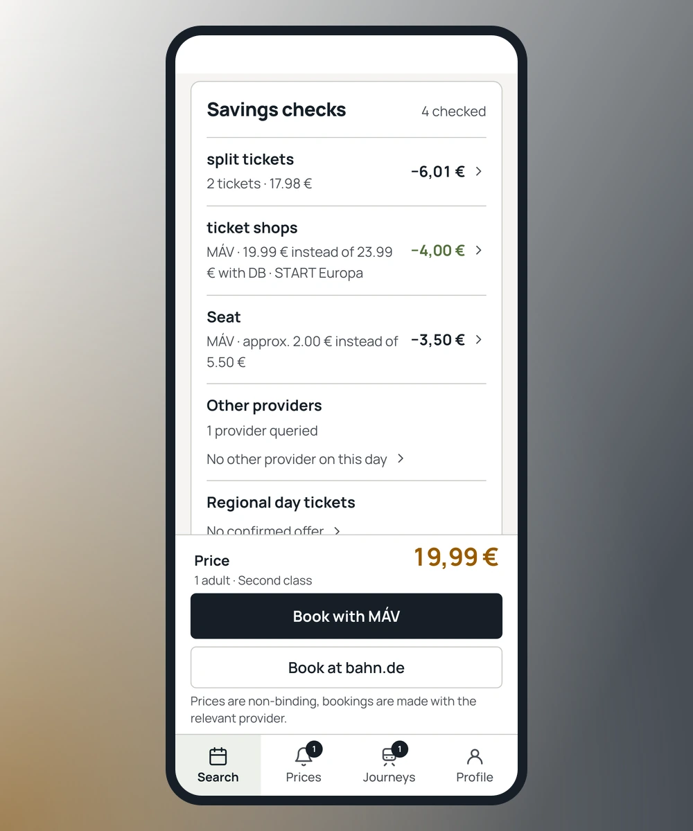 App screen: illustrative Munich–Budapest savings check with a €6.01 split-ticket saving, a €4 ticket-shop saving and a €3.50 seat-reservation saving