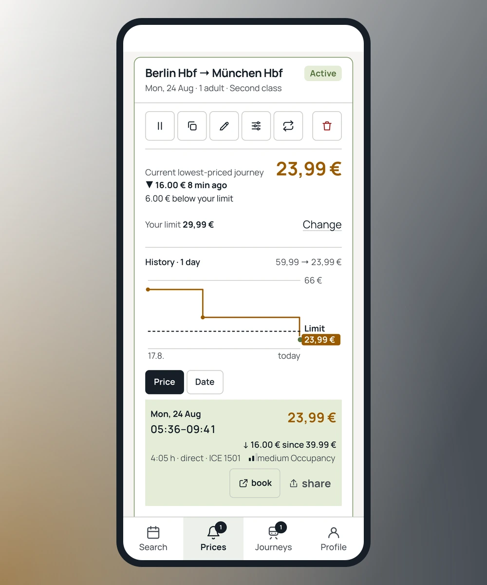App screen: Berlin–Munich fare alert for 24 August with an illustrative price history from €59.99 to €23.99
