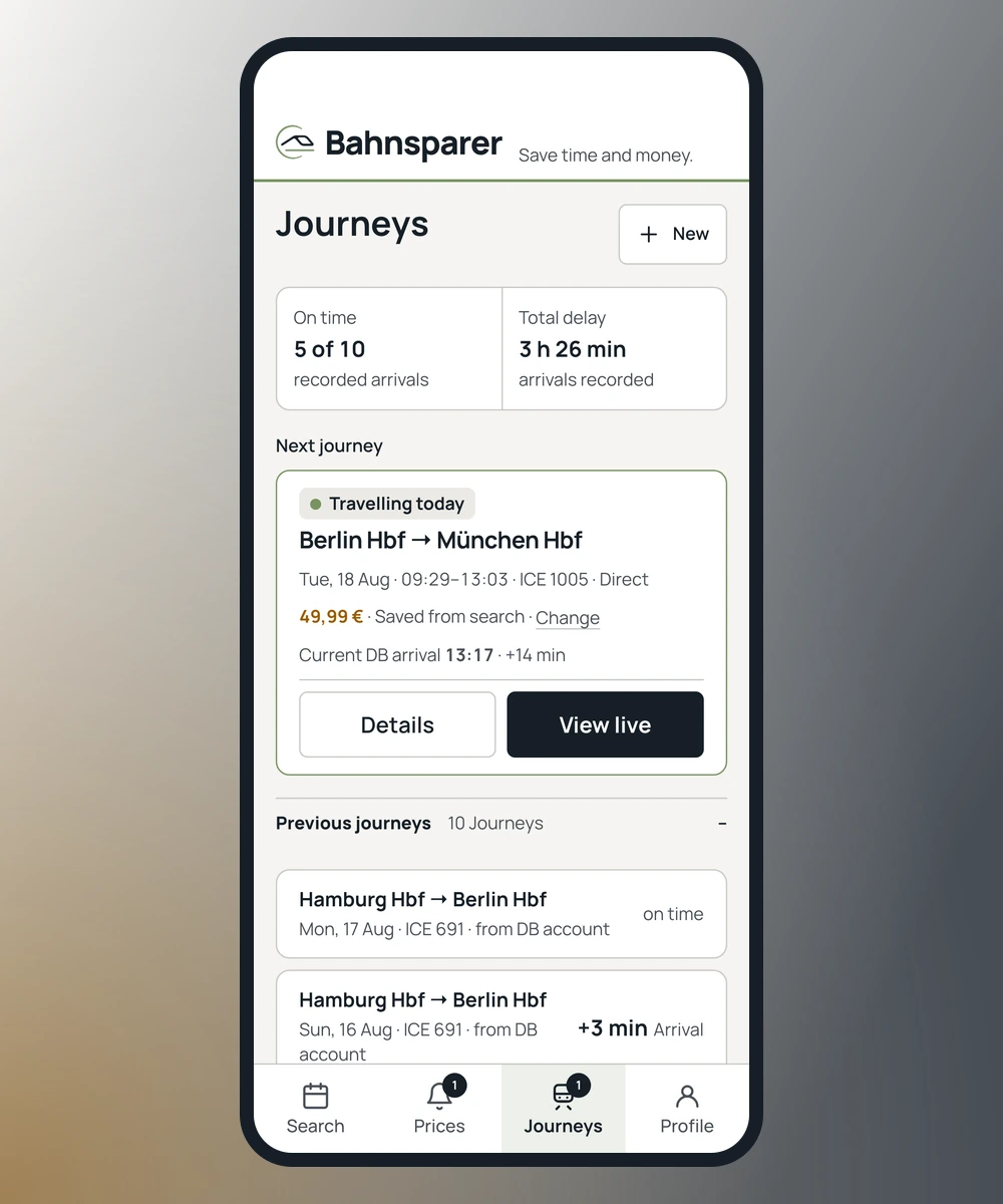 App screen: journeys with a later summary of punctuality and actual savings