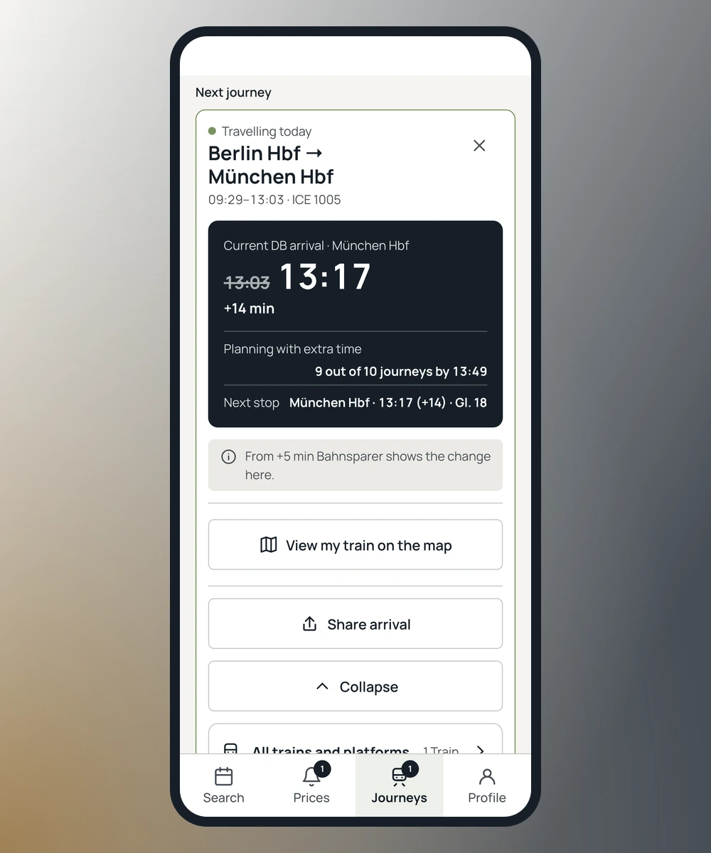 App screen: illustrative live Berlin–Munich journey with an updated 13:17 arrival and platform 18