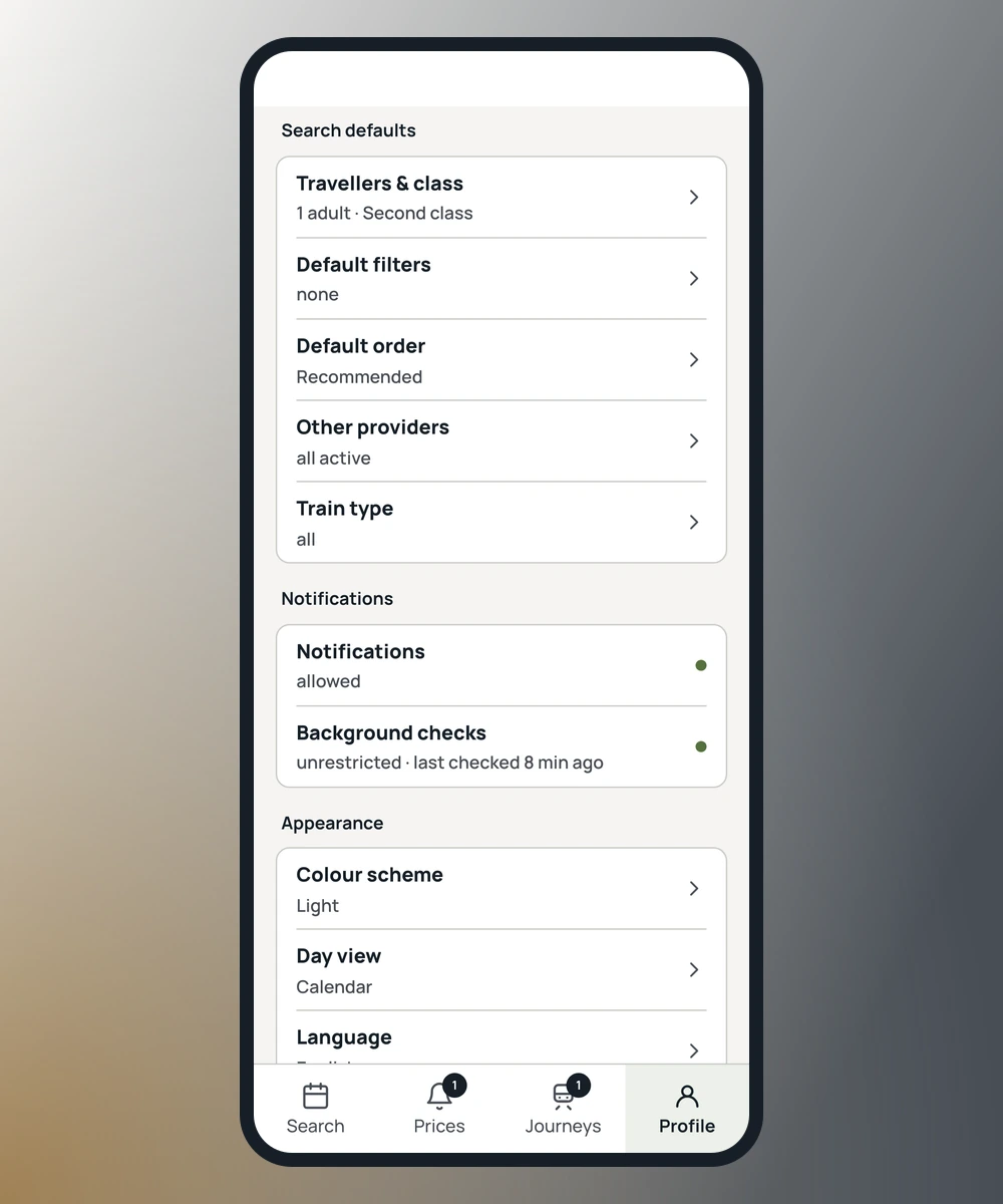 App screen: profile settings for search defaults, providers and notifications